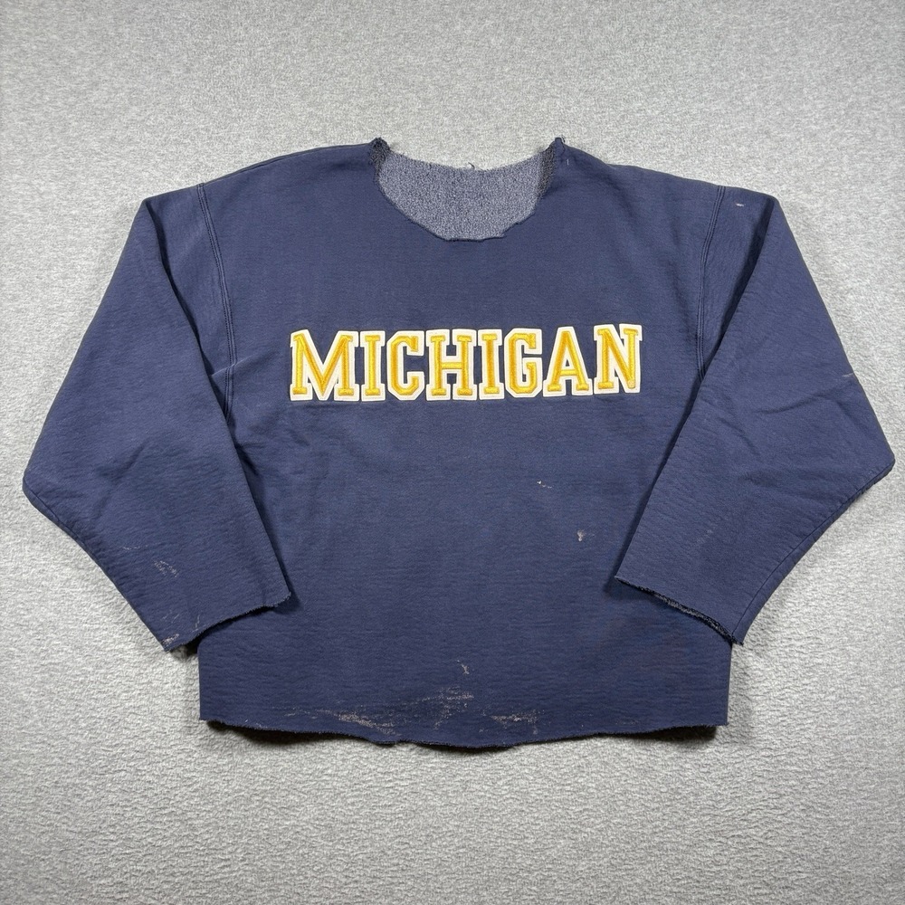 Vtg Michigan Wolverines Sweatshirt Raw Hem Distressed Cropped Cut Off Blue 90s